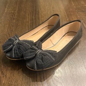 Zara Black Leather Ballet Flats with Fabric Bow Detail